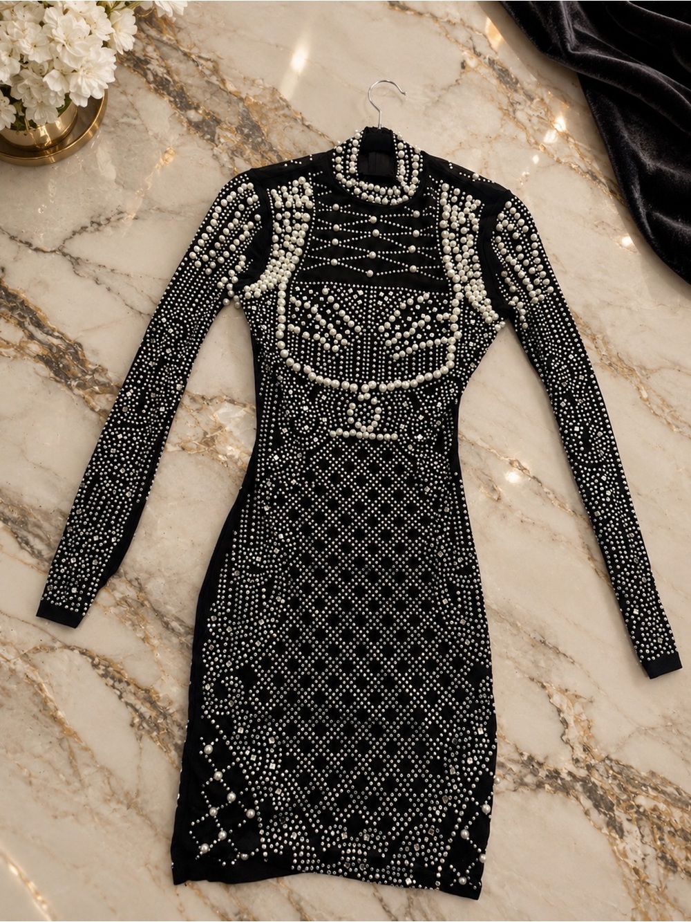 Fashion Nova Black Pearl-Embellished Mini Bodycon Dress